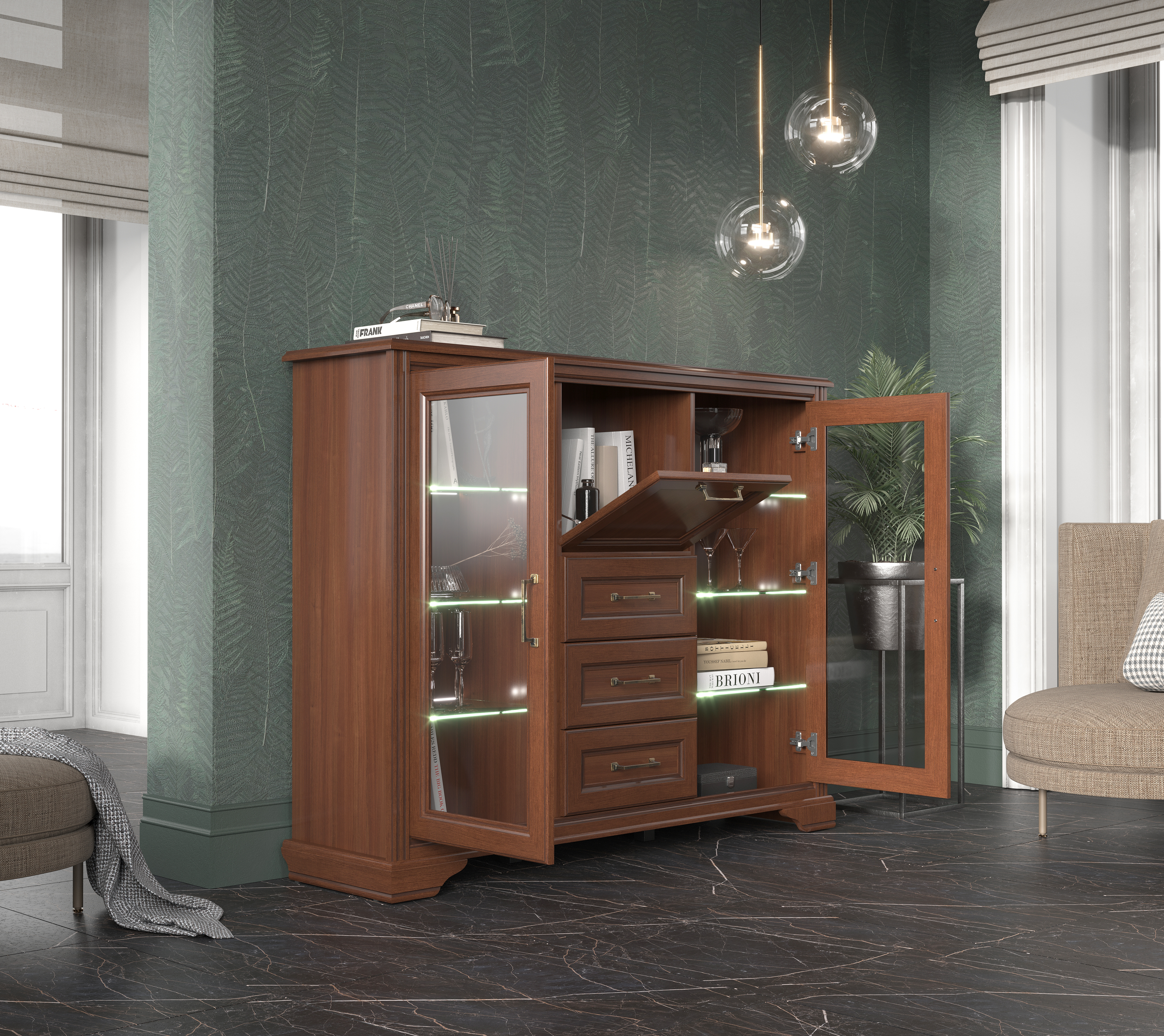 Тумба-витрина с подсветкой Stylius орех донской KOM2W1B3S_2