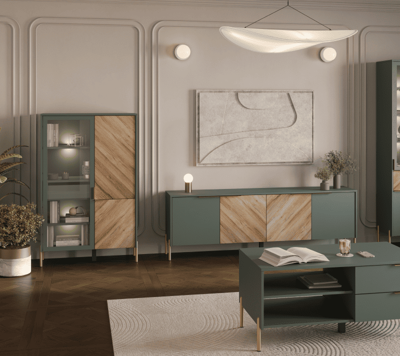 Витрина с подсветкой Сиена дымчатый зеленый/дуб вотан REG1W1D/140_1